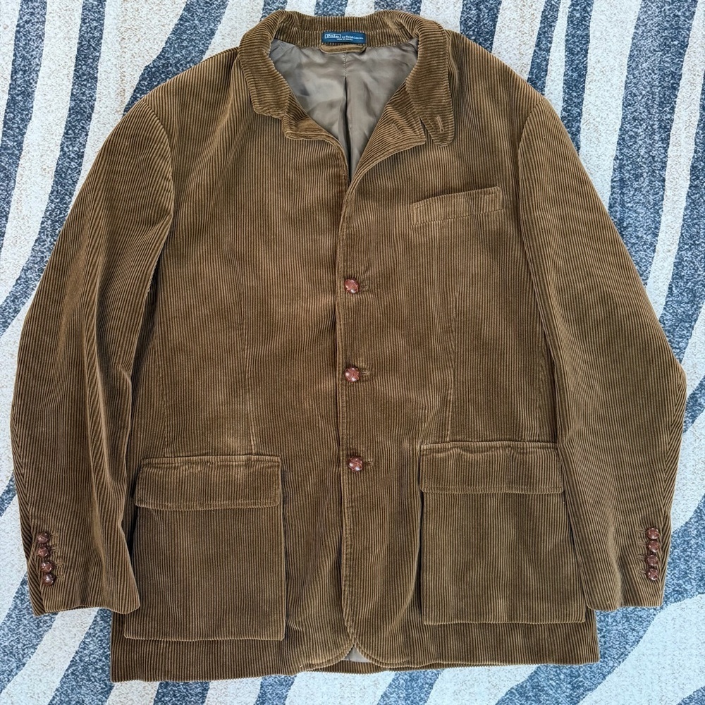 POLO RALPH LAUREN Blazer Mens XL Corduroy Sport Coat Jacket 3-Button Tan VTG EUC